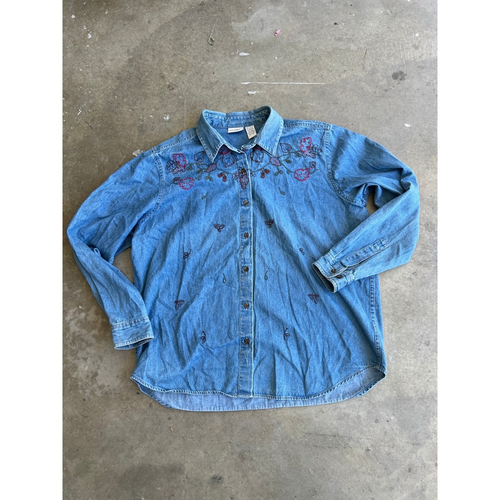 90s VTG looking Denim Shirt Women's Blue Embroidered Floral Butterfly Top XL - Picture 11 of 11